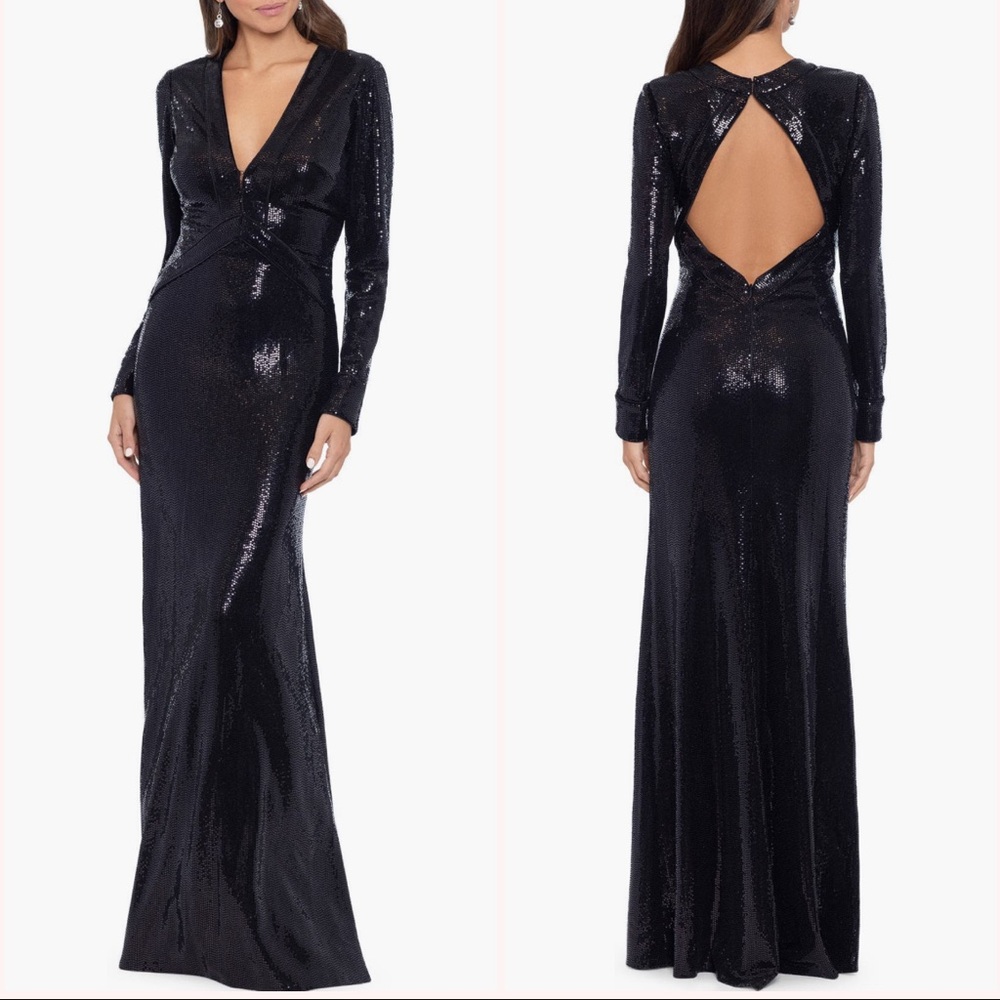 Betsy & Adam Sequin Long Sleeve Open Back Black Formal Gown Size 12